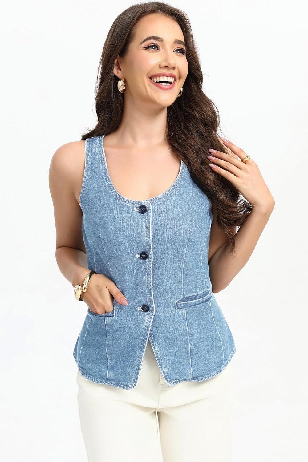 D-Sun Women Sleeveless Denim Vest Button Down Scoop Neck Jean Waistcoat Fashion Front Slit Denim Tank Top with Pockets - Image 5