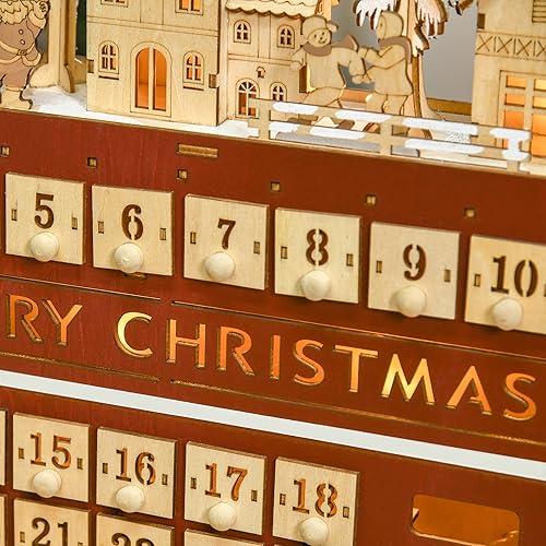 Miniatura 9 de HOMCOM Calendario de Adviento de Navidad, mesa iluminada, decoración navideña de autobús de madera con cajón de cuenta regresiva, casa de calle de