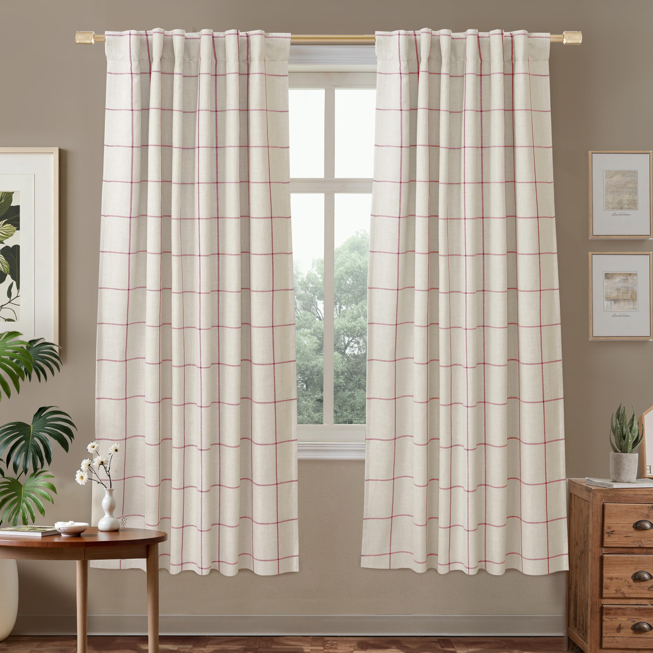 DriftAway 100% Blackout Windowpane Plaid Linen Curtains Double Layer Farmhouse Drapes 72 Inches Long for Living Room Bedroom Yarn Dyed Woven Thermal