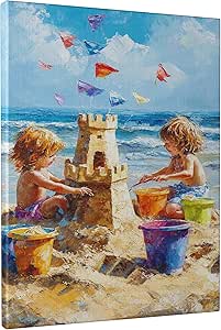 Amazon.com: Children Playing on the Beach Canvas Wall Art, Bright ...
