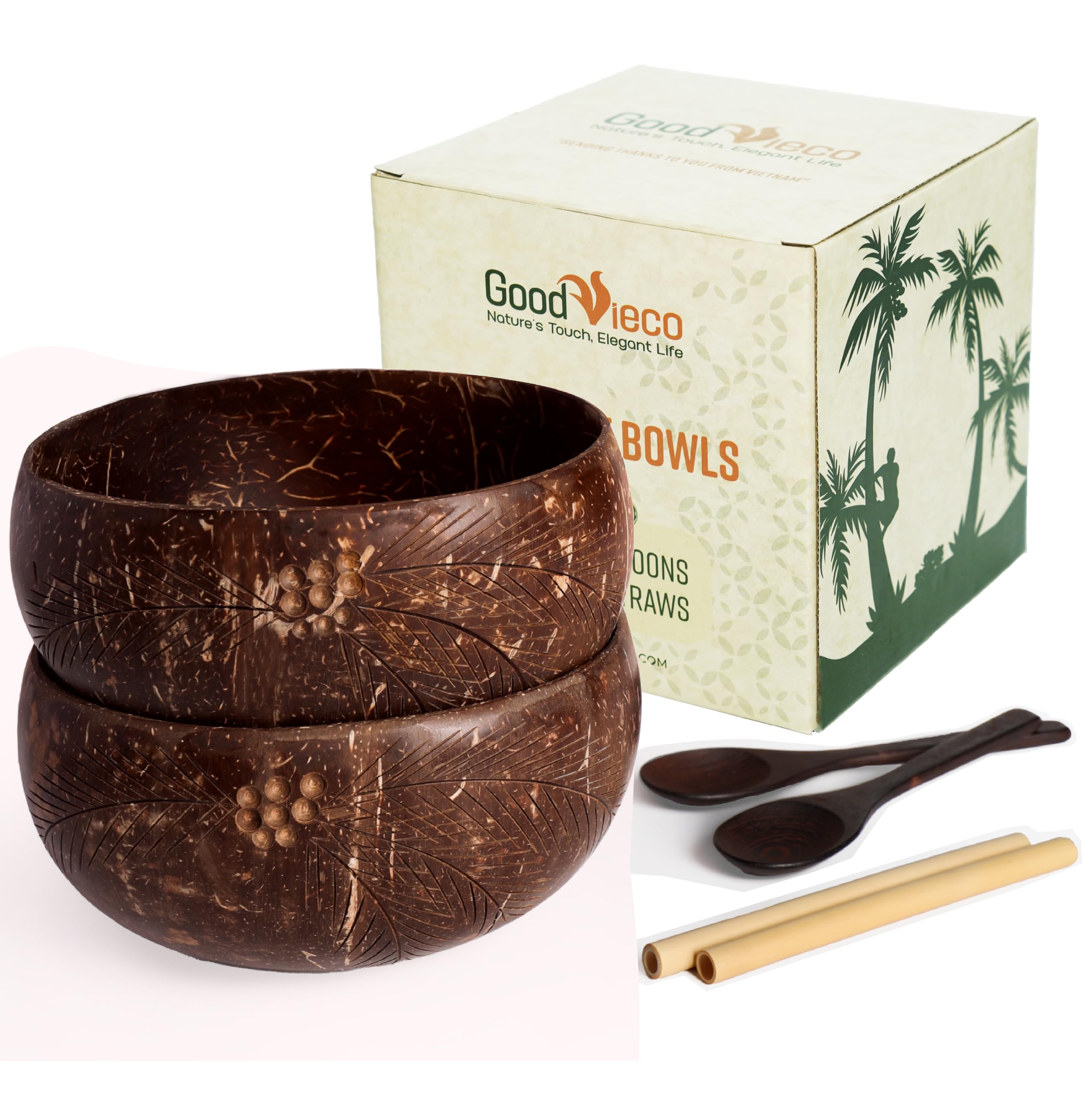 GoodVieco Coconut Bowl Set (2, Leaf) – Natural Coconut Shell Bowls with Bamboo Straws & Wooden Spoons – Eco Friendly Gifts for Vegan, Smoothie, Acai,