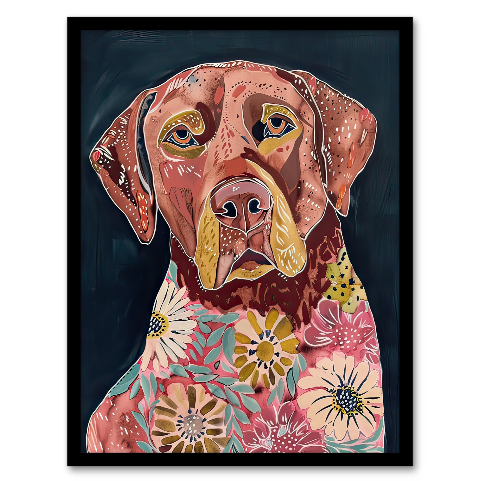 Artery8 Dog Lover Floral Red Labrador Folk Watercolour Living Room Artwork Framed Wall Art Print A4