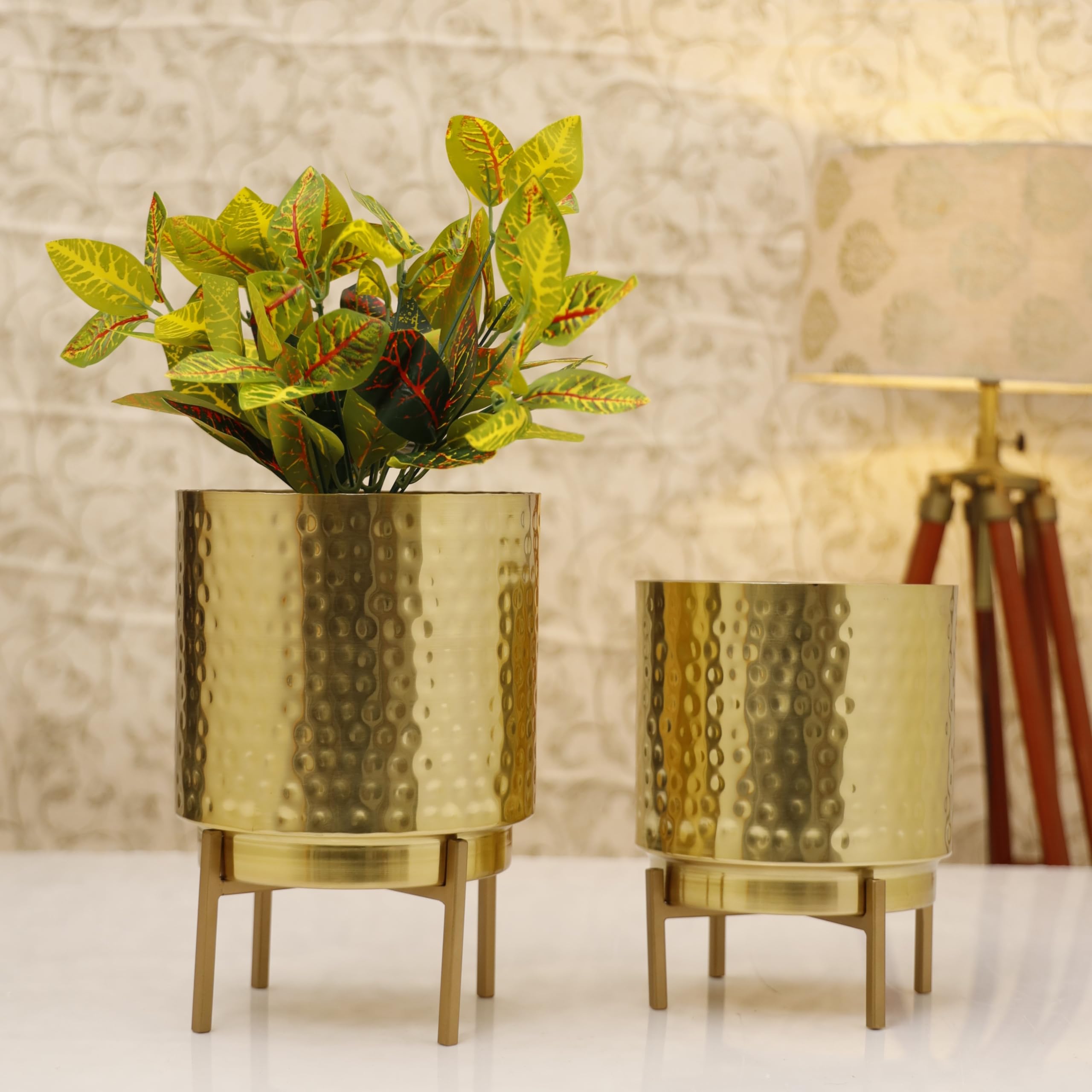 HomeShastra® Ember Gold Hammered Metal Planter Set with Stand | 11 Inch & 9 (Height) by 7.5 Inch & 7 Inch (Dia) | Planters for Living Room, Bedroom Dec (Pack of 2) (Ember Gold Ham Set) (B0CV11PP64) Amazon Price History, Amazon Price Tracker