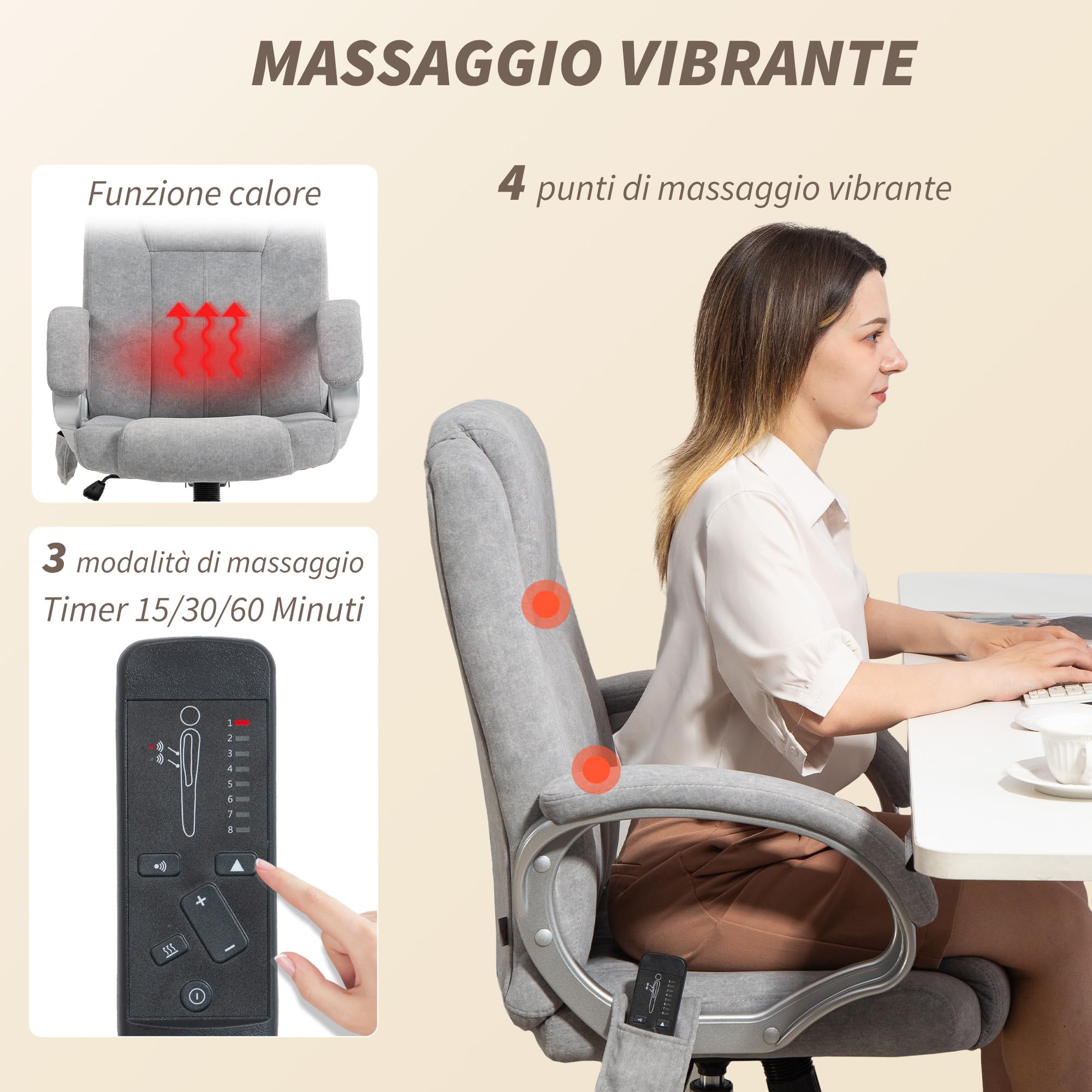 HOMCOM Sedia da Ufficio Massaggiante 4 Punti Vibrante Riscaldata Grigio | Poltrona Ufficio, Sedia Scrivania, Funzione Dondolo, in Velluto, con Braccioli, Altezza Regolabile, per Studio