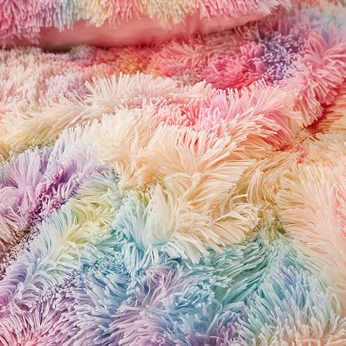 Miniatura 4 de Uhamho Juego de funda de edredón de terciopelo de pelo sintético esponjoso con funda de almohada, ultra suave, cálido y duradero (arcoíris,