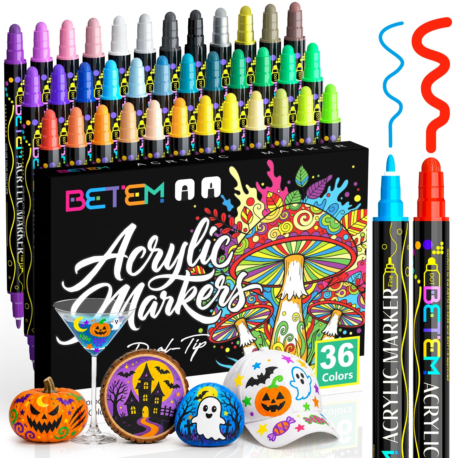 Betem 36 Colors Dual Tip Acrylic Paint Markers, Fabric Decorating Kits