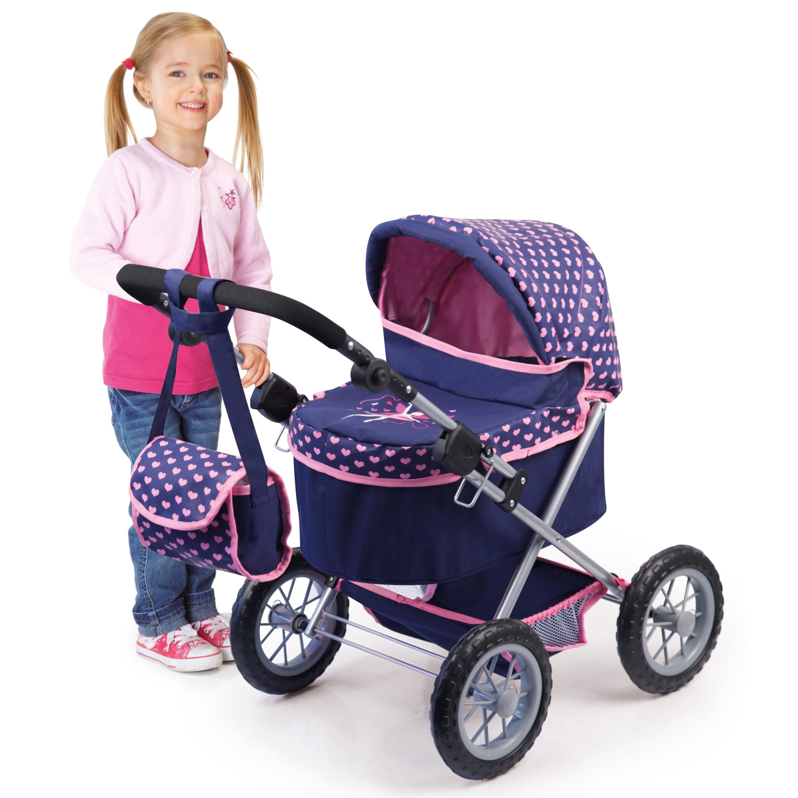 Bayer Design 13052AA Wózek dla lalek Trendy z torbą, regulowaną rączką, składany, zintegrowanym koszem, dużymi kołami, dla chłopców i dziewczynek od 3 lat