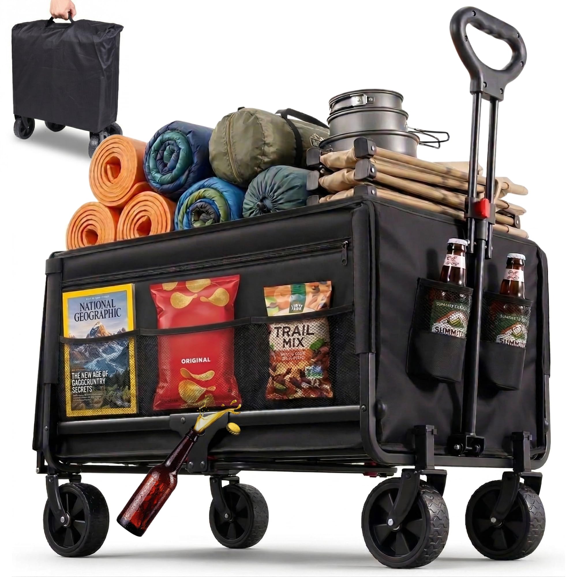 ALBATROS Bollerwagen klappbar 120L – Faltbarer Transportwagen mit Flaschenöffner, Getränkehalter & Rückwand-Öffnung – Outdoor Handwagen mit Reflektorstreifen für Camping, Festival & Ausflug
