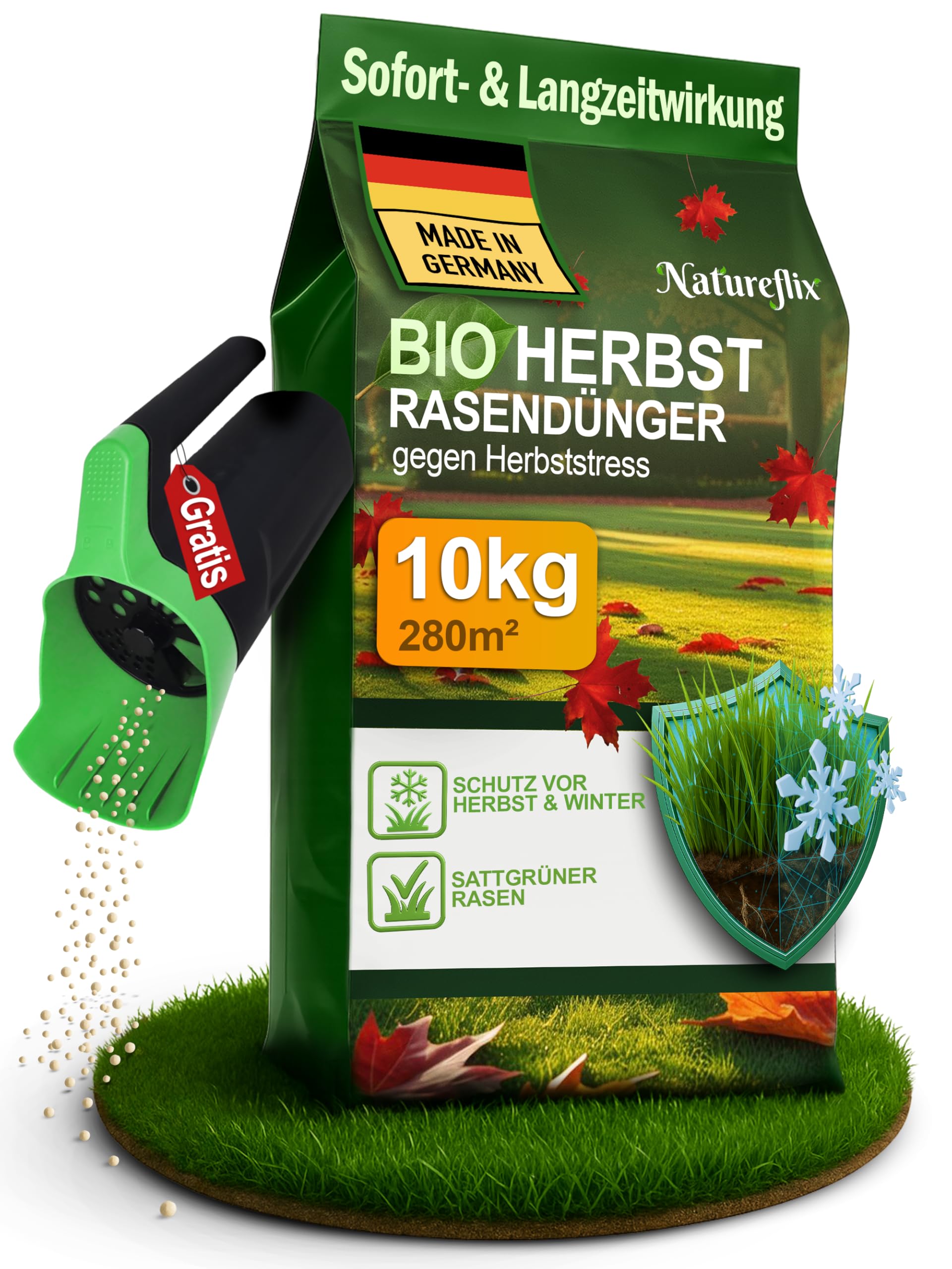 BIO Herbstrasendünger 10 kg, für 280 m², Langzeitwirkung | Bio-Herbstrasendünger, verdrängt Moos, Kalium für Frostschutz, sofort sicher für Kind & Tier, Langzeitwirkung über den Winter