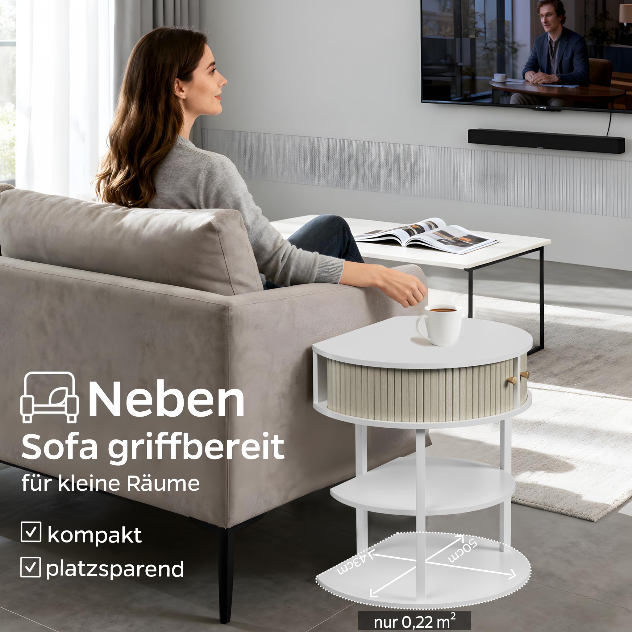 HULANAN Runder Beistelltisch Weiß mit Schublade 50x43x55 cm - Kleiner Couchtisch mit Stauraum & 4 Ebenen - Moderner Wohnzimmertisch aus Holz für Couch und Sofa