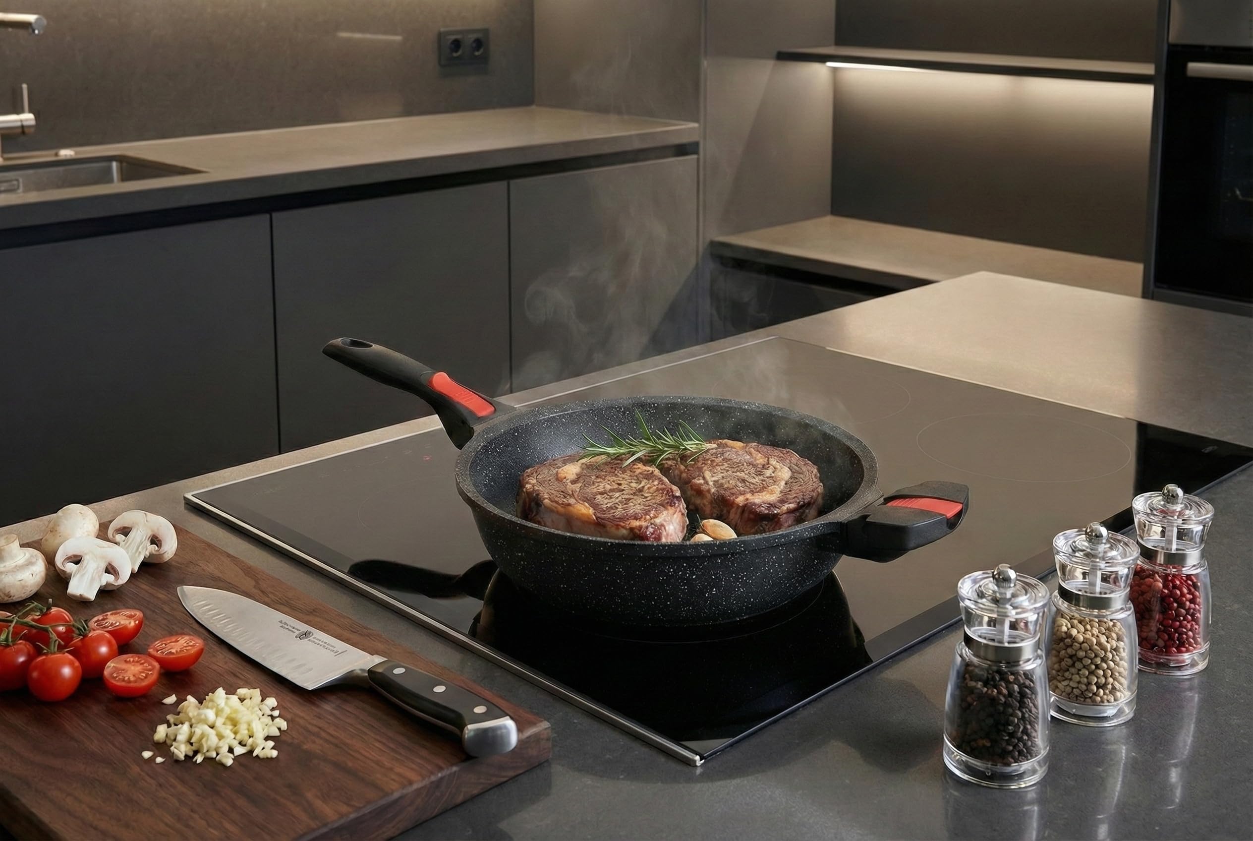 Linnuo Schmorpfanne Bratpfanne 24 cm hoher Rand, Aluguss Pfanne mit Deckel 24cm, abnehmbare Griffe, Antihaft beschichtete Pfanne Induktion, für alle Herden, backofengeeignet, Bratpfanne mit Deckel