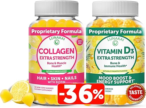 Lunakai Paquete de gomitas de colágeno y vitamina D3, suplementos antienvejecimiento sin OMG para hombres y mujeres, gomitas de apoyo para la