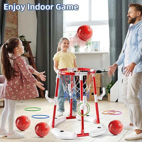 Miniatura 4 de Juguetes de aro de baloncesto para piscina para niños de 3, 4, 5, 6, 7 años, aro de baloncesto flotante con 4 bolas, bomba, lanzamiento de anillo,