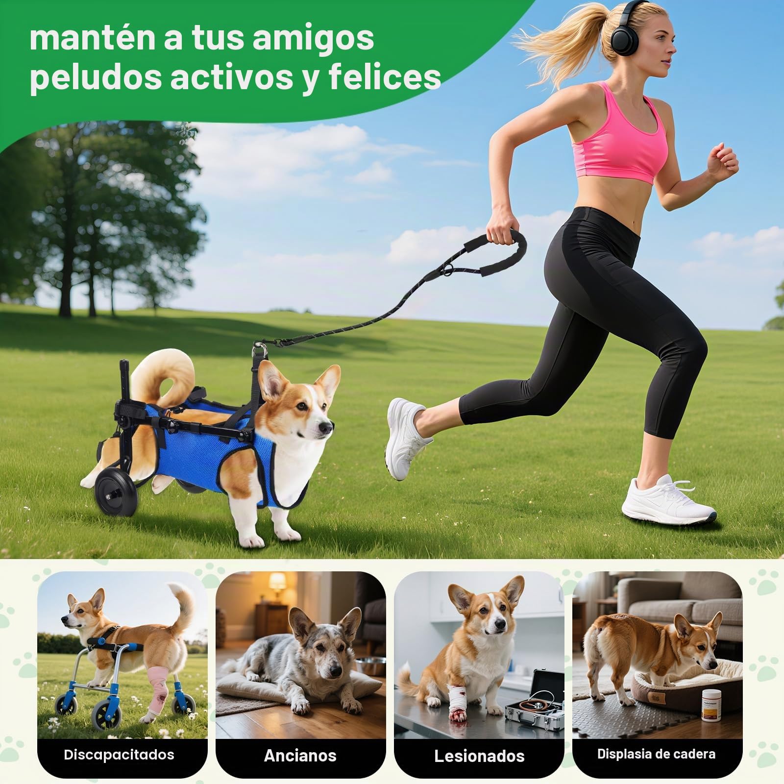 Silla de ruedas ajustable para mascotas pequeñas, plegable, con ruedas, tamaño M, ayuda de movilidad para patas traseras paralizadas (S)
