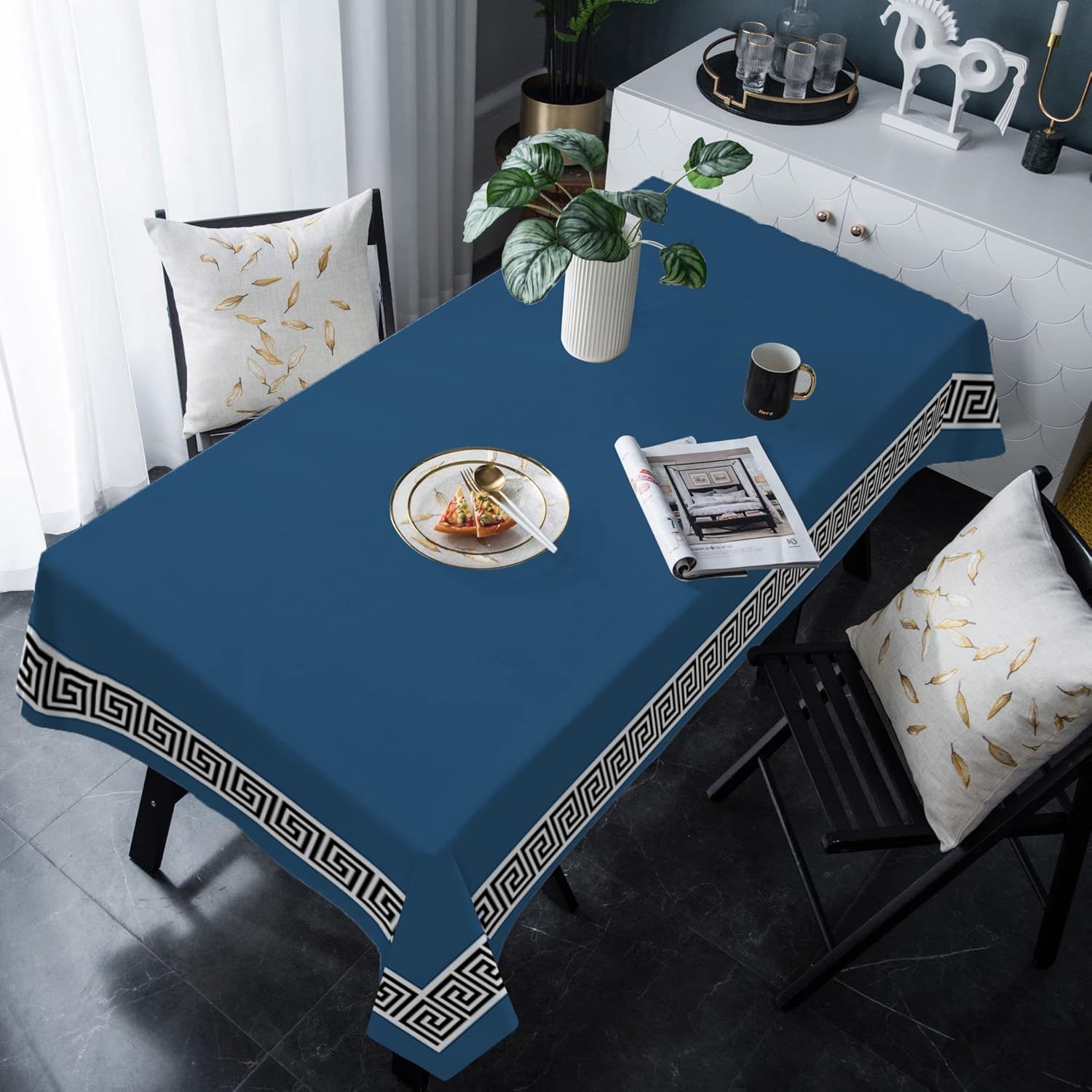 Rectangle Tablecloth 54x108inch, Blue Greek Pattern Vinyl Table Covers Waterproof Oilcloth Table Cloth Linens, Tablecloths for Outdoor Dining Wedding Party Camping, Ancient Ethnic