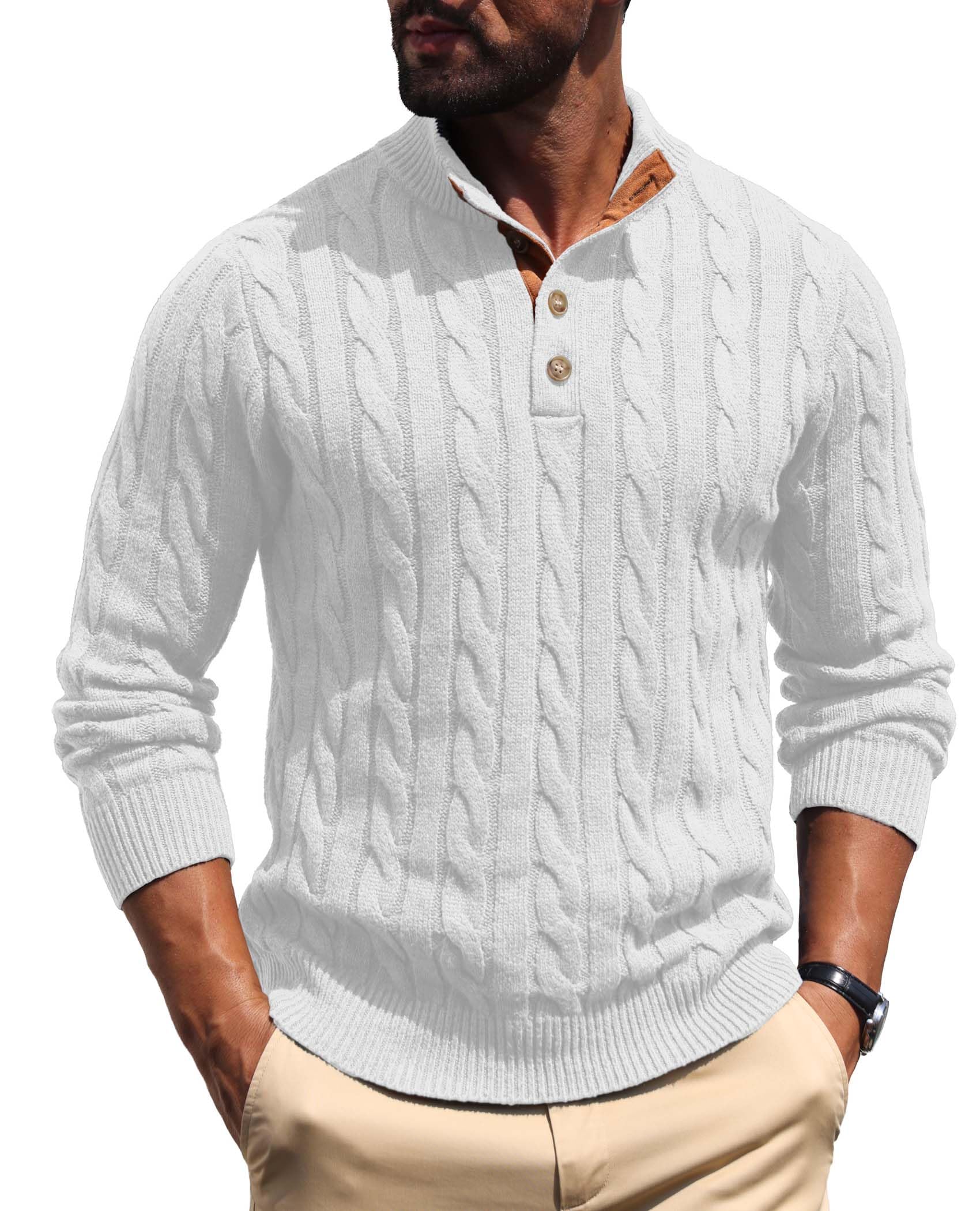 Askdeer Men's Cable Knit Sweater Long Sleeve Stand Collar Casual Vintage Pullover Button Knitted Sweaters