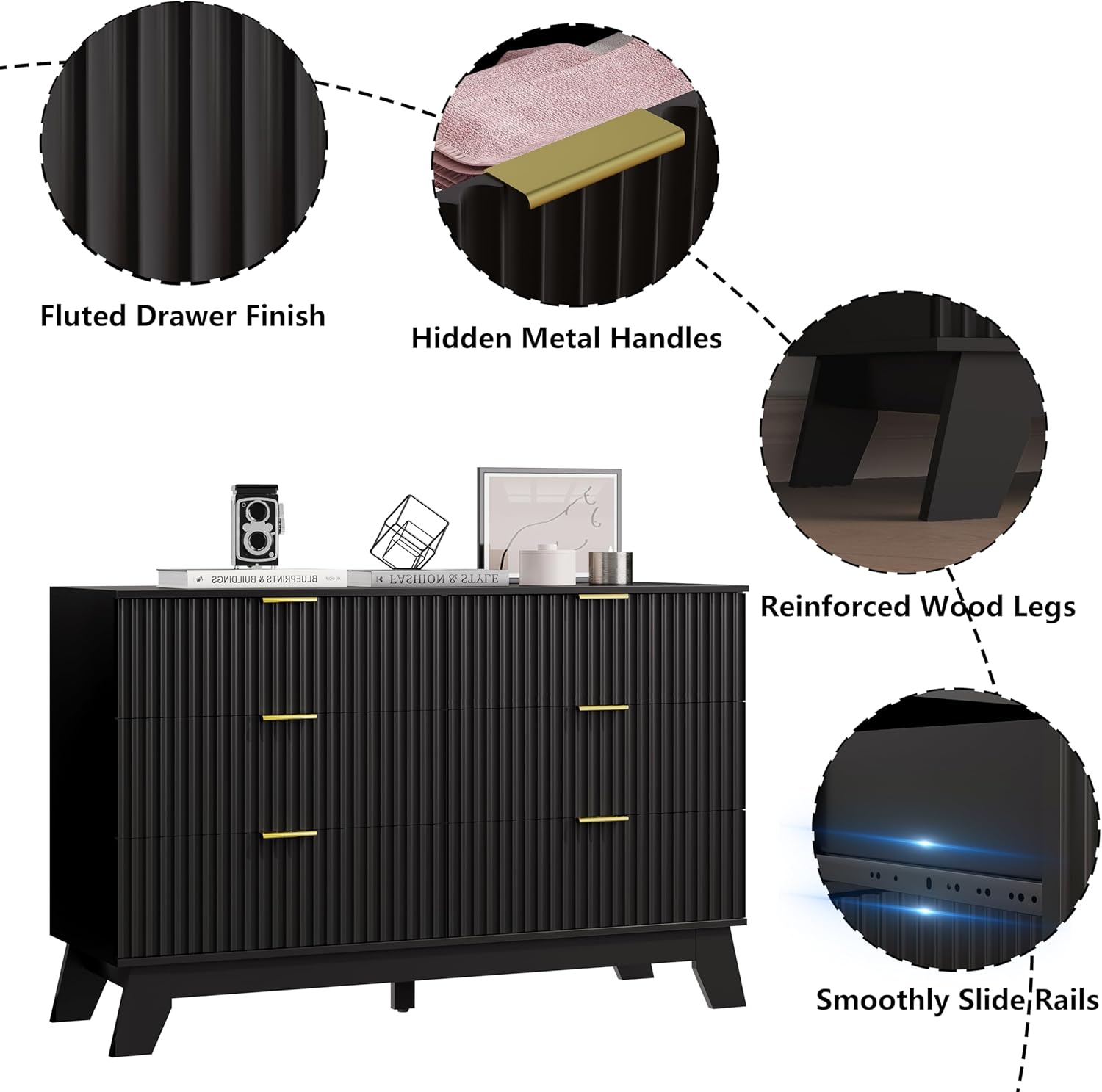 HUANLEGO 6 Drawer Dresser for Bedroom, Black Fluted Dressers Chest of Drawers with Gold Handle, Wood Mid Century Modern Dressers for Closet, Bedroom Dresser Storage Organizer for Living Room, Hallway