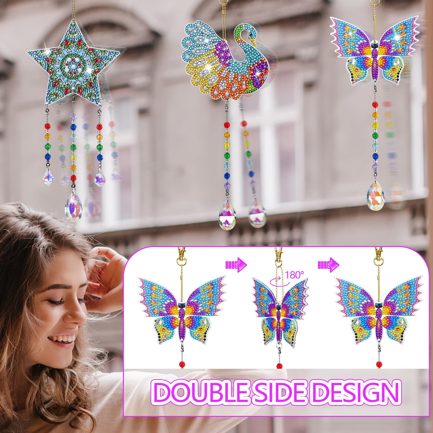 Lot 5 Attrape-Soleil Diamant Peinture DIY – Carillon Vent Cristal Double Face 5D, Porte-clés Fleur Papillon Oiseau Libellule
