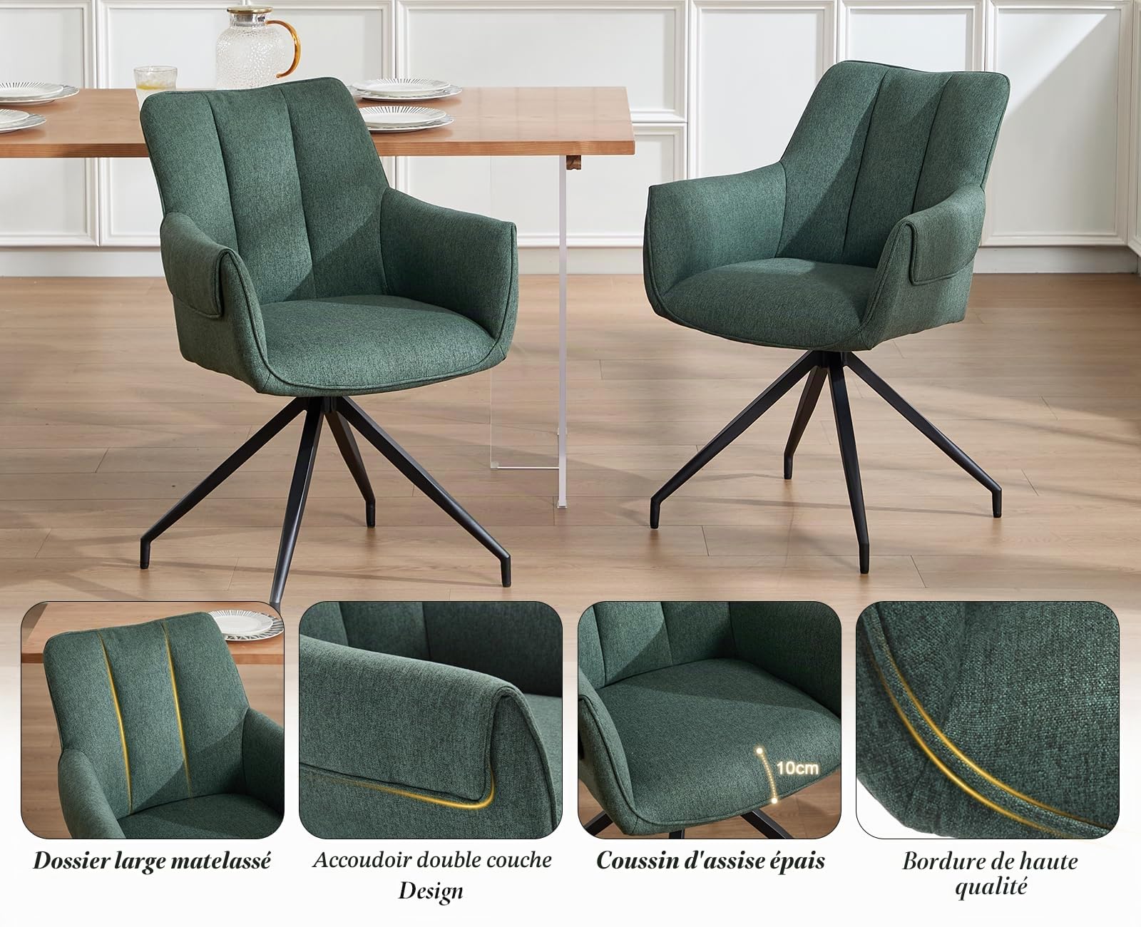 chairus Lot de 4 Chaises de Salle à Manger Pivotantes, Chaise de Cuisine en Lin, Fauteuil Pivotante à 360° pour Bureau Salon Chambre, Vert-4