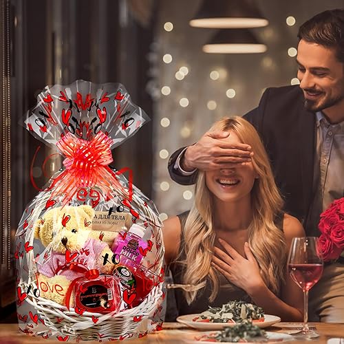 Miniatura 2 de WeDoSoy 10 bolsas grandes de celofán para regalos del día de San Valentín, 16 x 24 pulgadas con 10 lazos para embalaje de regalo, cestas, botella de