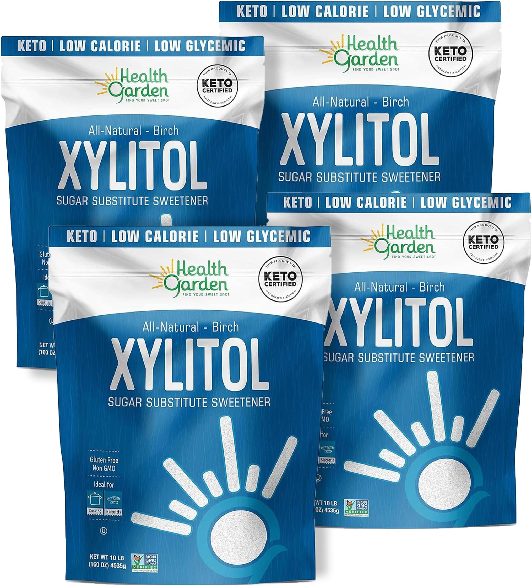 Health Garden Birch Xylitol Sweetener, 160 Oz. x 4, Pure Birch Xylitol, Non-GMO, Kosher, Ideal Powdered Sugar Substitute in Resealable Bag, Low Glycemic Impact Sugar Alternative (10 Lb. Pack of 4)