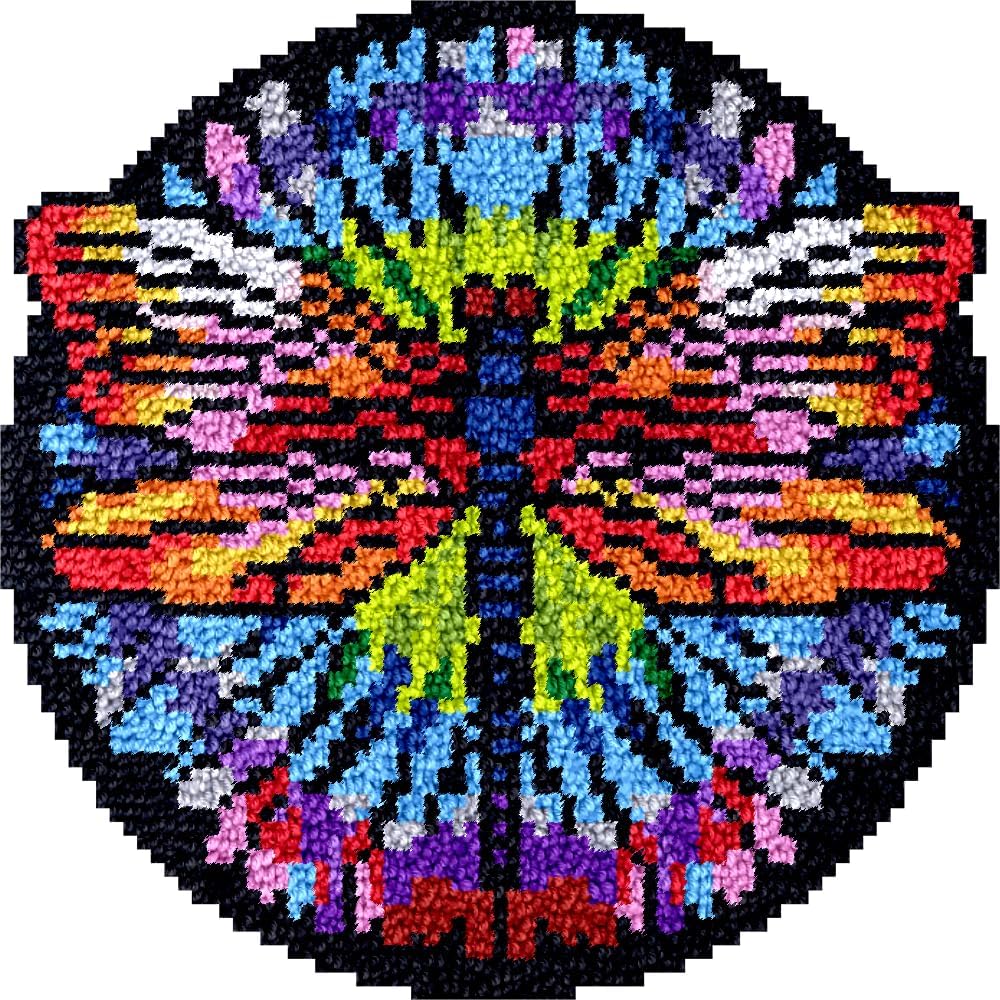 Latch Hook Round Rug Kits Colorful Dragonfly for Beginner Needle Crochet Yarn Kits Embroidery Carpet Hook and Latch Kit Tapestry Christmas Home Decoration 45x45cm(7)