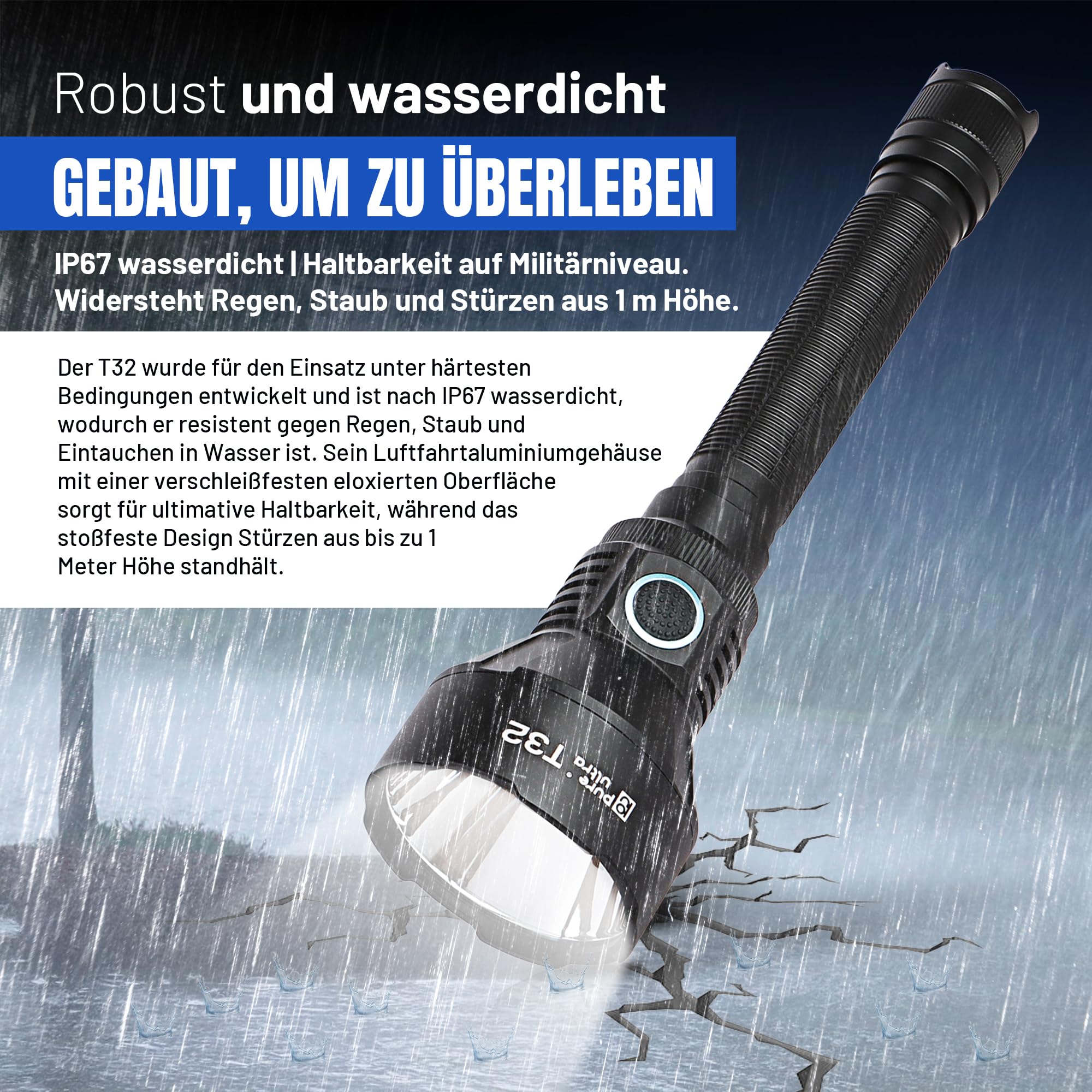 T32 LED Taschenlampe 3200 Lumen – Taktische Einsatzlampe mit 1150 m Reichweite, Stroboskop, USB-C, Holster, IP68, 18650 Akku aufladbar (Basic-Kit)