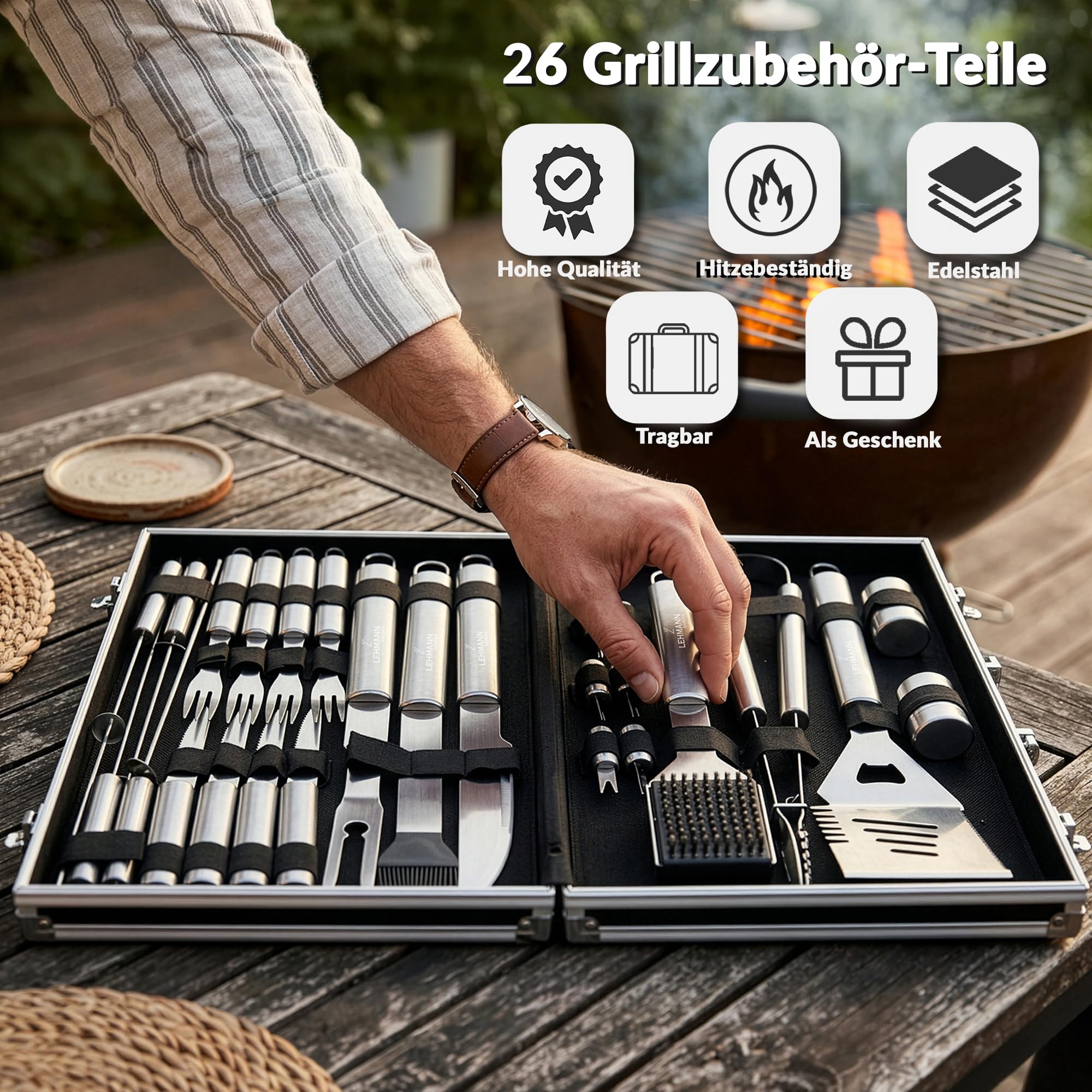 LEHMANN Zestaw naczyń do grillowania, 26 sztuk, ze stali nierdzewnej, szczypce, szpatułka 4 w 1, widelec, szczotka do czyszczenia, kompletny zestaw akcesoriów do grillowania z przenośną walizką