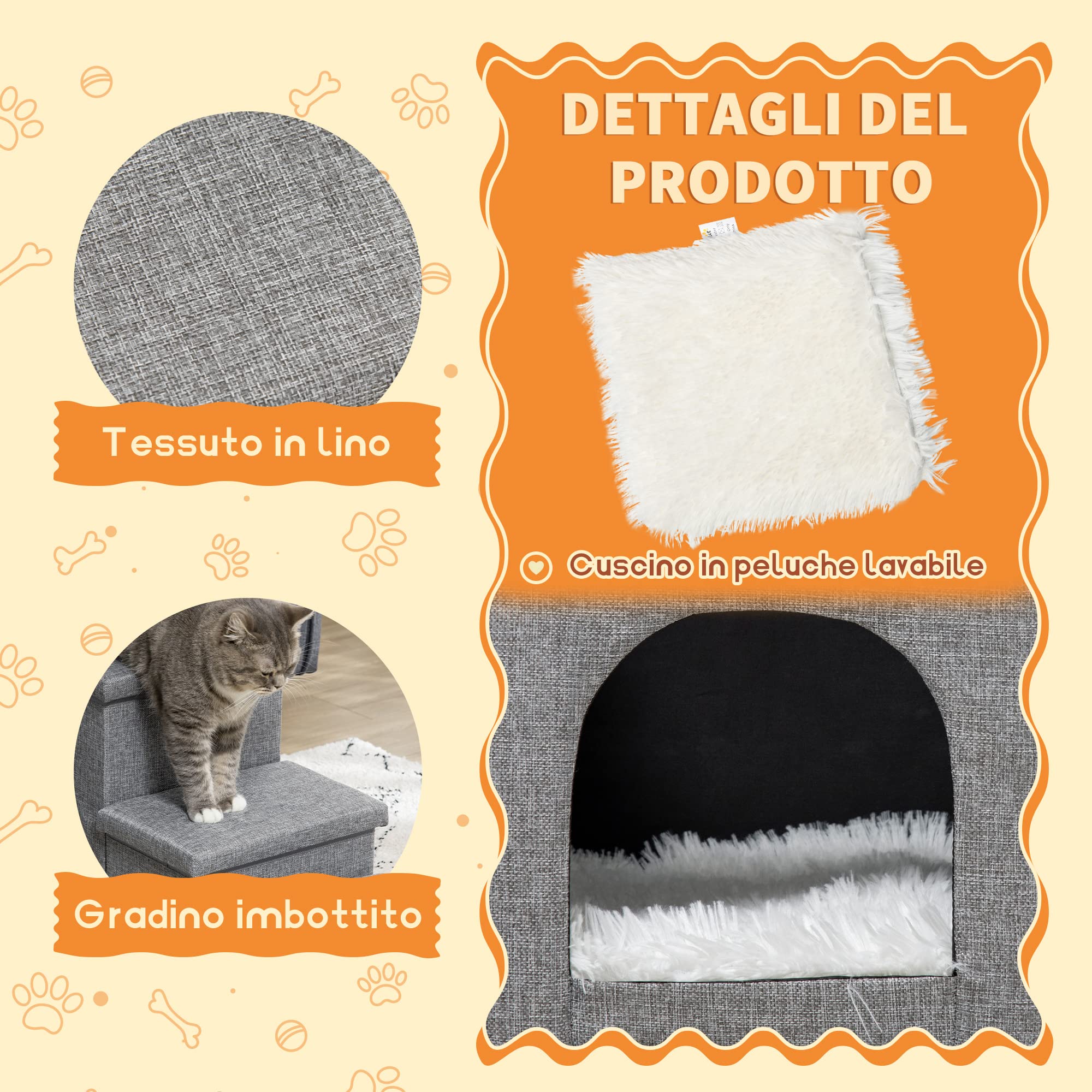 PawHut Scaletta per Cani e Gatti 10kg max a 3 Gradini con Casetta per Cani e Spazio Portaoggetti a Scomparsa, 73.5x33x40.5 cm, Grigio