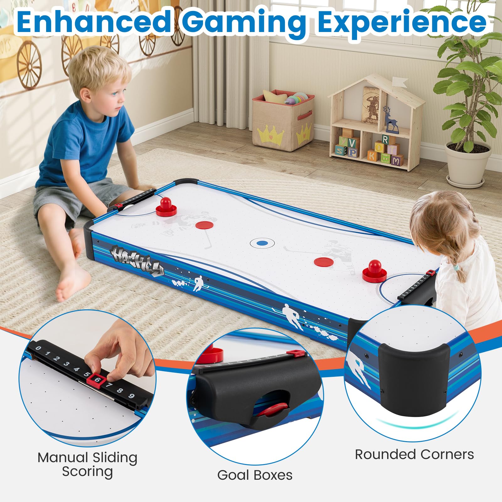 HOMASIS Tavolo da Air Hockey Elettrico, Tavolo da Gioco con Motore da 12V, Inclusi 2 Puck e 2 Slittini, Hockey da Tavolo per Bambini e Adulti, Blu+Bianco