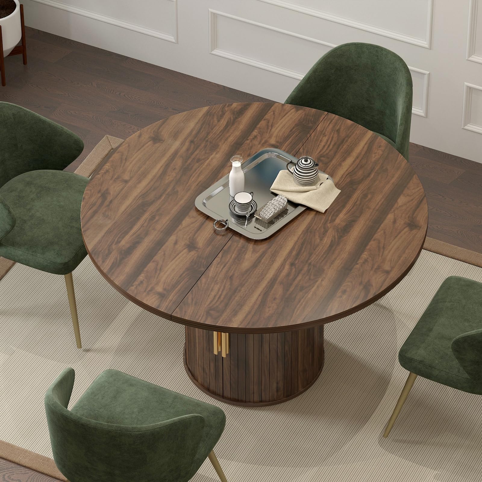 Esstisch Ausziehbar, Runder Esszimmertisch mit Holzsockel, Ausziehbar zu Oval, Moderner Küchentisch für 4-6 Personen, Rustikal Braun,Pedestal Base