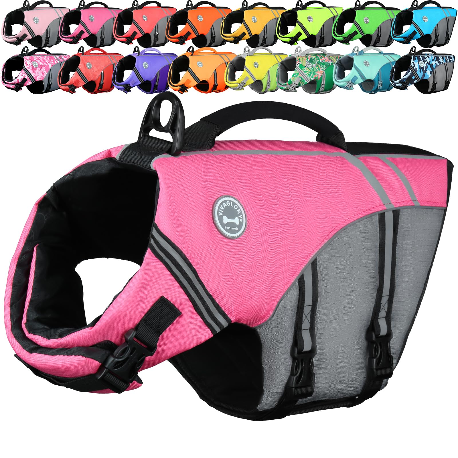 VIVAGLORY Sports Style Dog Life Vest, Dog Life Jacket for Swimming & Boating, Ripstop & Buoyancy for Puppy Doggy, Lifejacket with Handle, XL, Pink