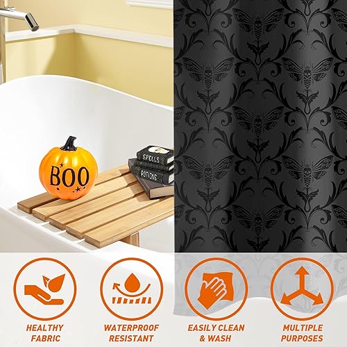 Miniatura 5 de Cortina de ducha de esqueleto gótico de Halloween de 72 x 72 pulgadas, cortinas de ducha de calavera gótica para baño con ganchos, decoración de