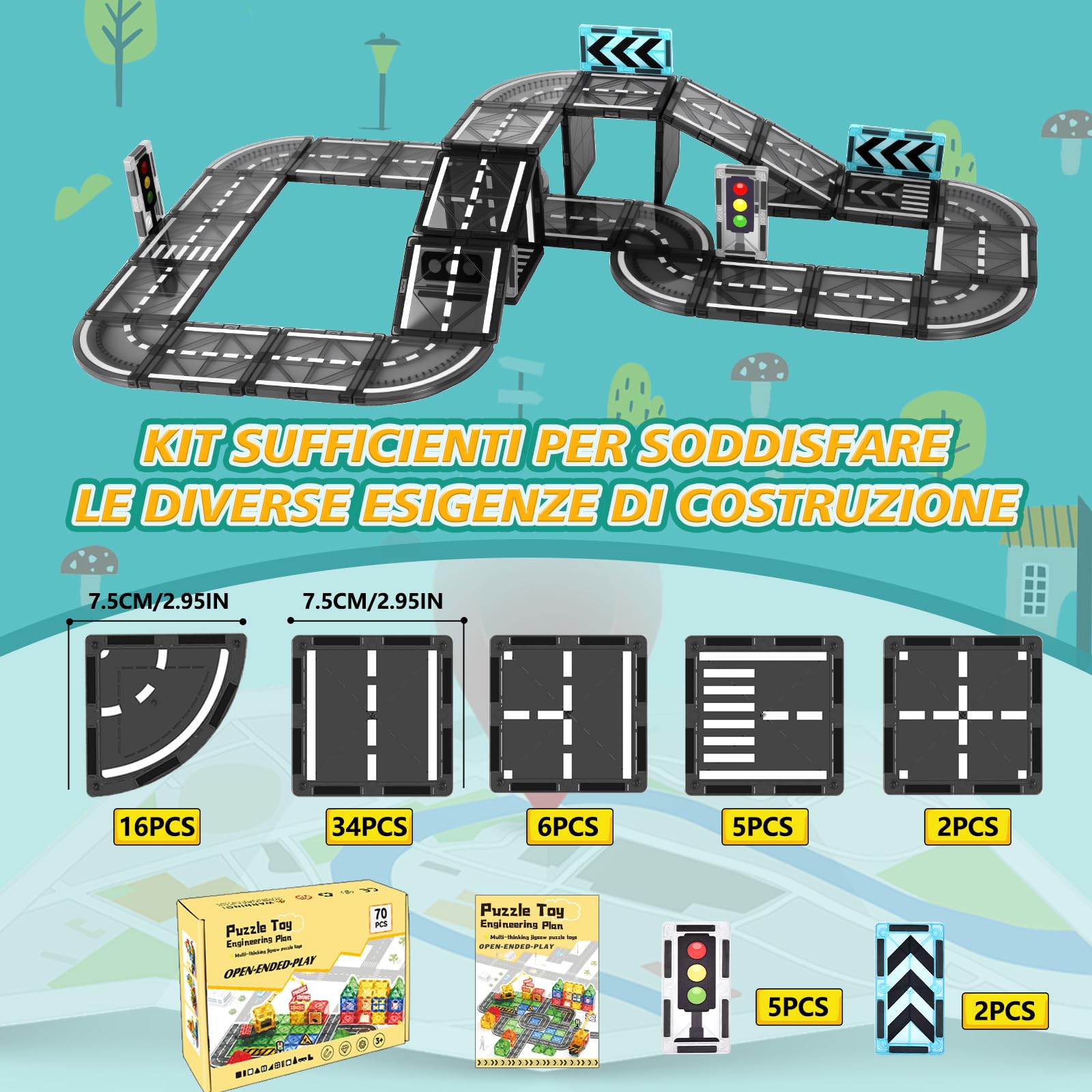 BuzzoXerex Costruzioni Magnetiche Strade, 70 Pezzi Tessere Magnetiche Strada, Piastrelle Magnetic Tiles Giocattoli Costruzioni Regalo Bambino 3 4 5 anni (70 Pezzi)