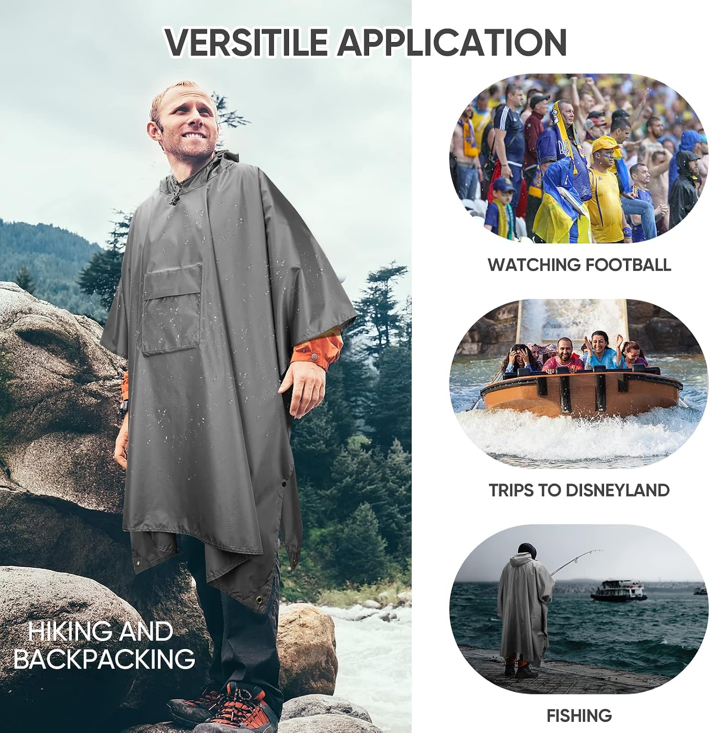  Hooded Rain Poncho for Adults, Reusable Waterproof Raincoat thumbnail