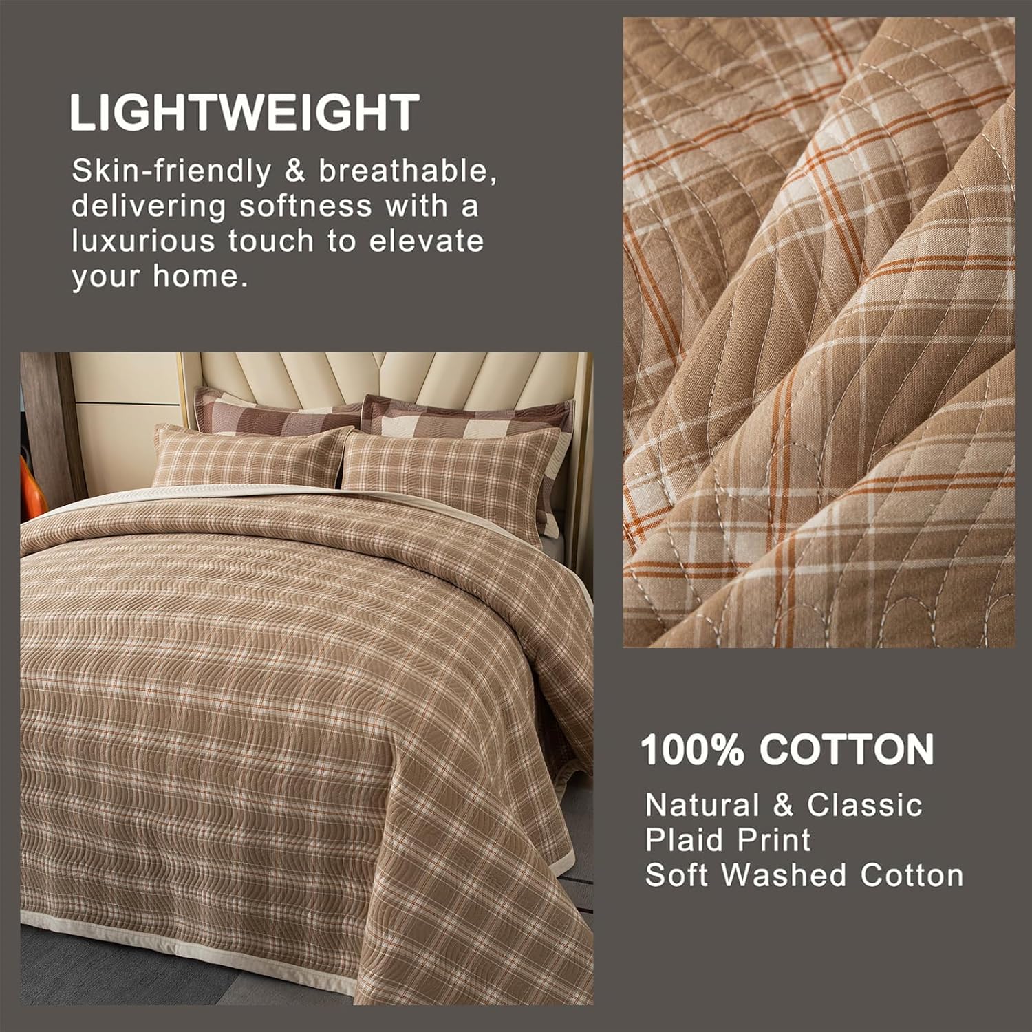 Cotton Plaid Quilt Set, Ultra Soft 3 Pieces King Size Bedding with 2 Pillow Shams, Lightweight Reversible Coverlet Bedspread with Wave Quilting for Summer, 108"x96", Grid- Beige - Image 4