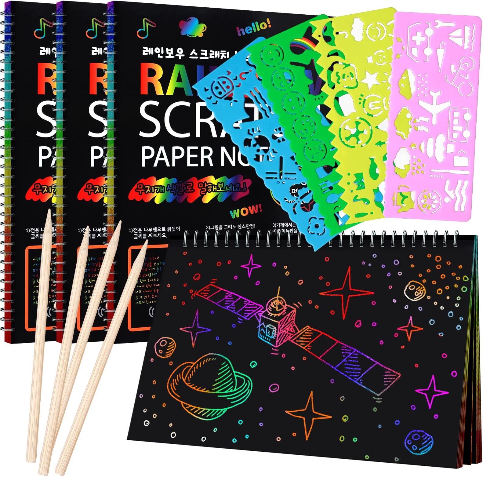 4 Pack Scratch Arts Drawing Notebook for Kids Drawing Pad, Large Rainbow Scratch Drawing Paper Set for Kids Art Supplies (with 4 Wooden Stylus & 4 Drawing Stencils