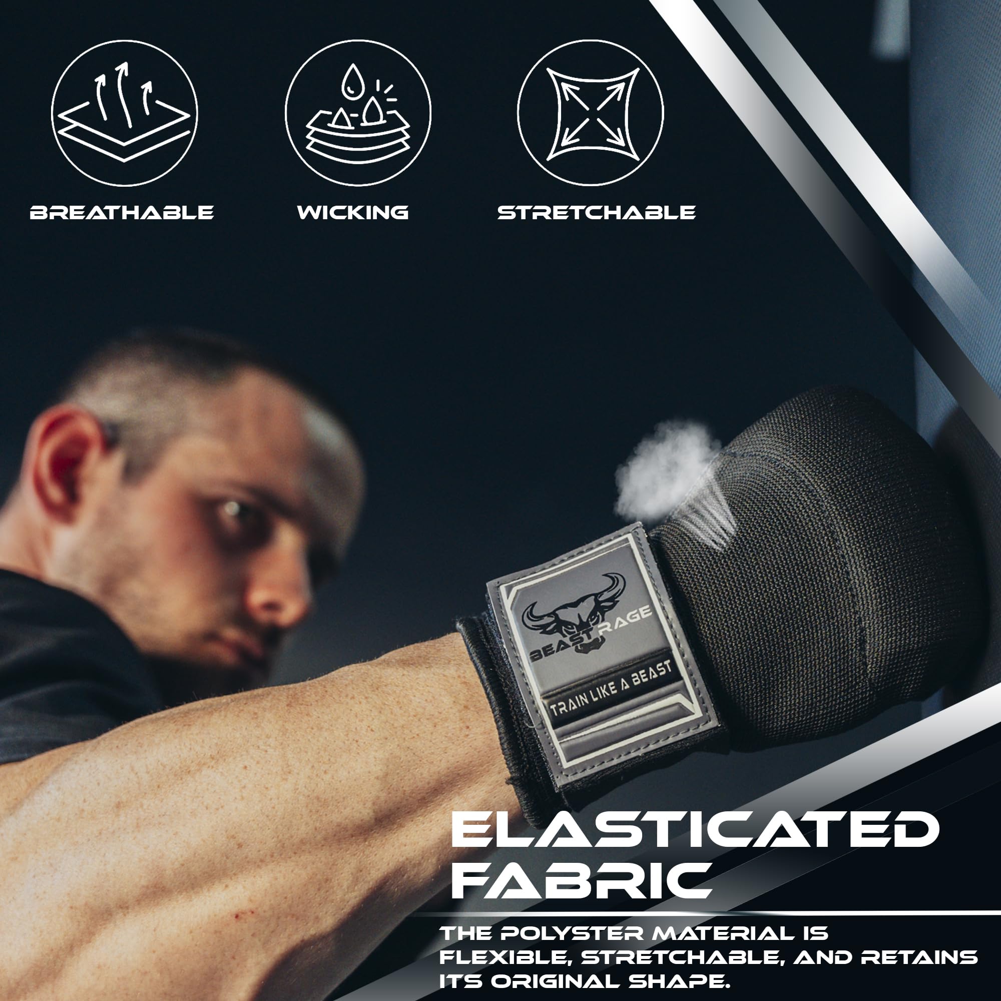 BEAST RAGE Guantoni da Boxe in Gel per Le Mani, 75 cm, Imbottiti, Elastici, per Allenamento, Muay Thai, Bende UFC per Uomo, Donna e Bambini