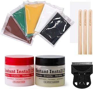 Instant Install 29 Complete - 4 oz Epoxy Permanent Repair Kit with EZ-Tint 10 g 5-Pack, Mixing Sticks, Razor, & Shaping Strip - Granite, Marble, & Tile - Rebonds & Rebuilds - Dry in 29 Minutes