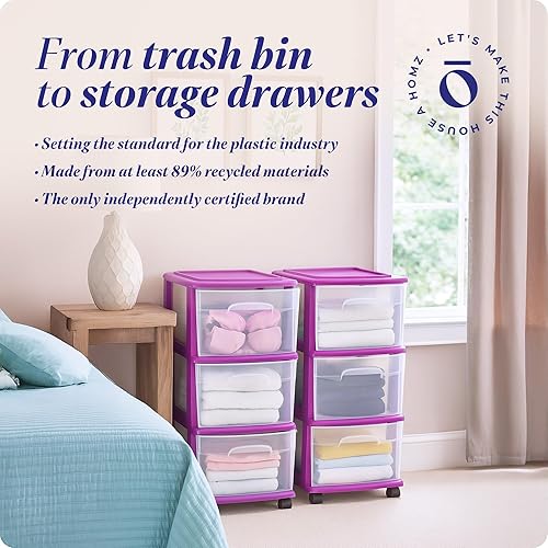 Miniatura 49 de HOMZ Torre de Cajones, Carrito Organizador de Almacenamiento de Plástico Transparente de 3 Niveles, Marco Morado - Contenedores de Cajones Rodantes