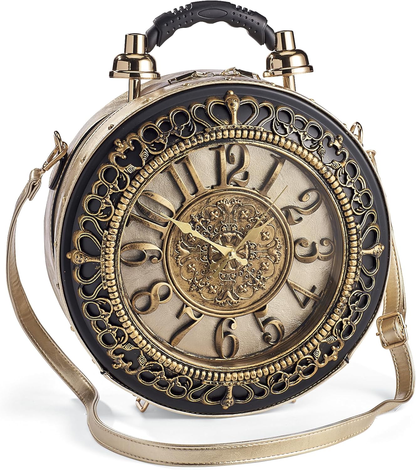 Vintage Clock Bag, Vegan Leather Crossbody Shoulder Purse for Women, Real Working Clock, Round Shaped, Steampunk Retro Fashion Handbag, Zip Top, 14” Diameter