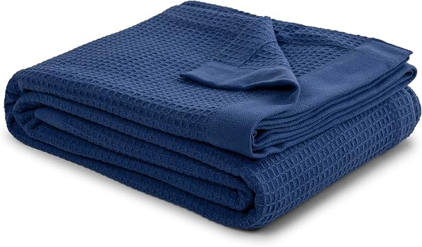 100% Cotton Navy Blue Waffle Weave Lightweight Blanket Queen Soft, Breathable, and Cozy Bed Blanket for All Seasons