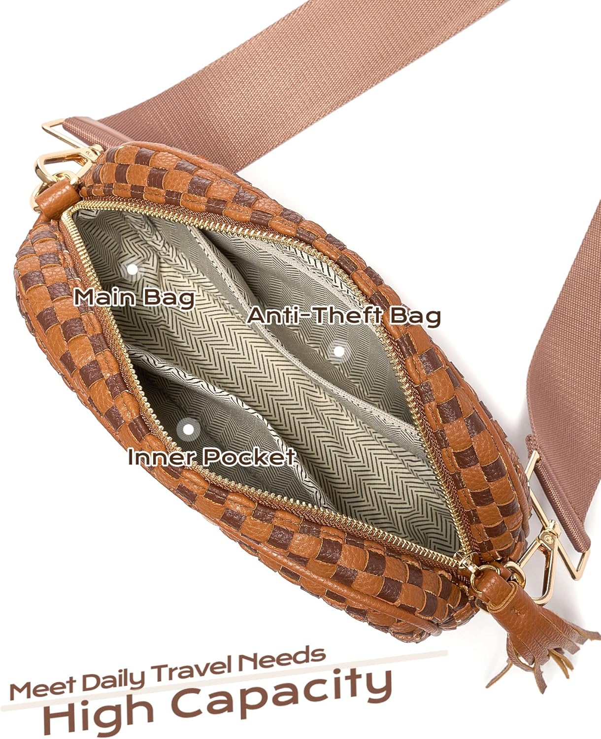 Trendy Woven Checkered Crossbody Bag for Women,PU Leather Checkered Clutch Purses Underarm Shoulder Handbag - Image 5