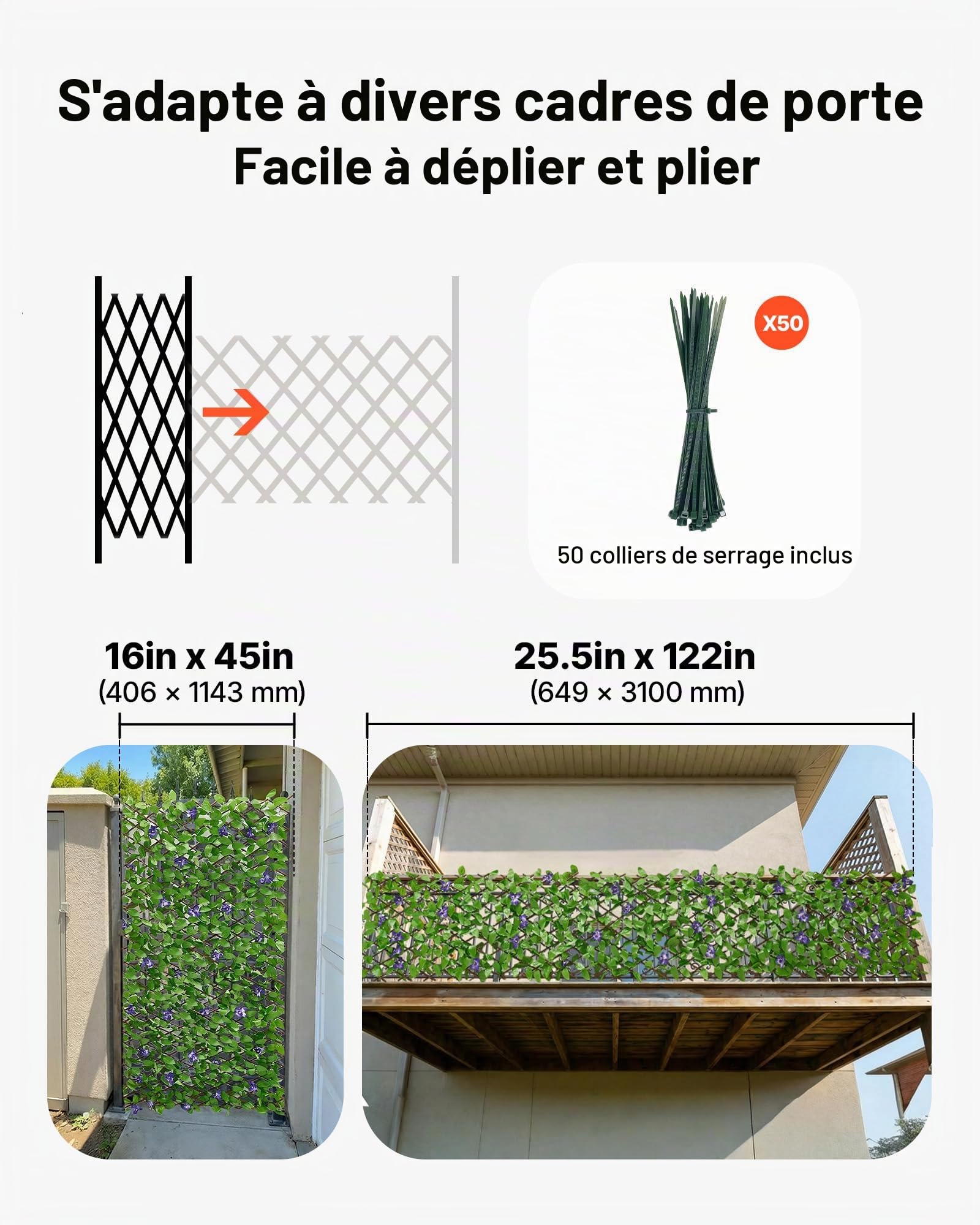 VEVOR Mur Végétal Artificiel Extensible 310x65 cm Haie Artificielle Panneau Feuillage Artificiel Lierre Brise Vue Balcon pour Décoration, Intérieur, Extérieur, Clôture de Jardin, avec 50 Serre-câbles
