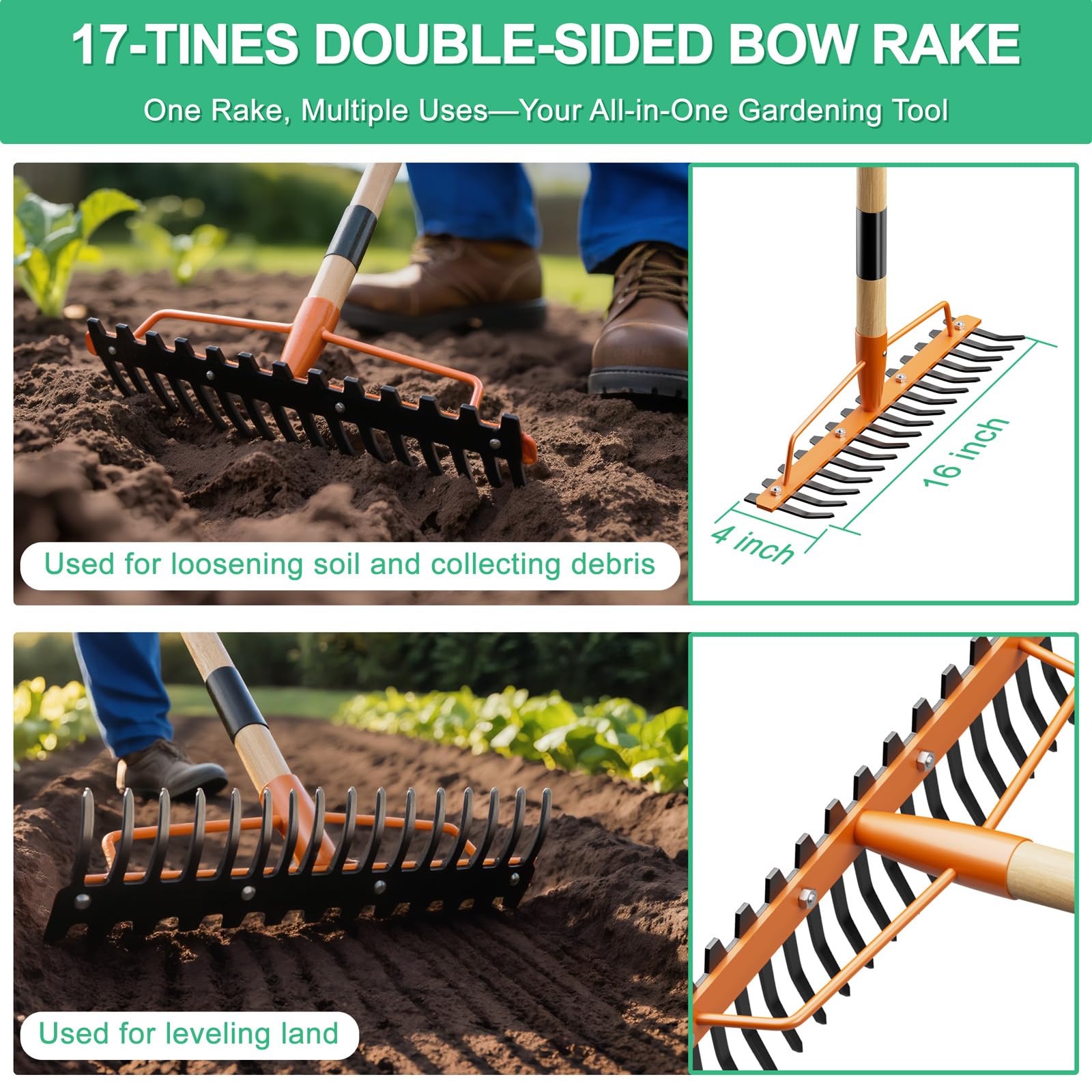 Bogenrechen Heavy Duty 17 Zinken 140 cm Holzgriff Gartenrechen