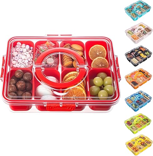 Miniatura 11 de Bandeja dividida para servir con tapa y asa - Snackle Box Contenedor de charcutería para bandejas de aperitivos portátiles, organizador para dulces