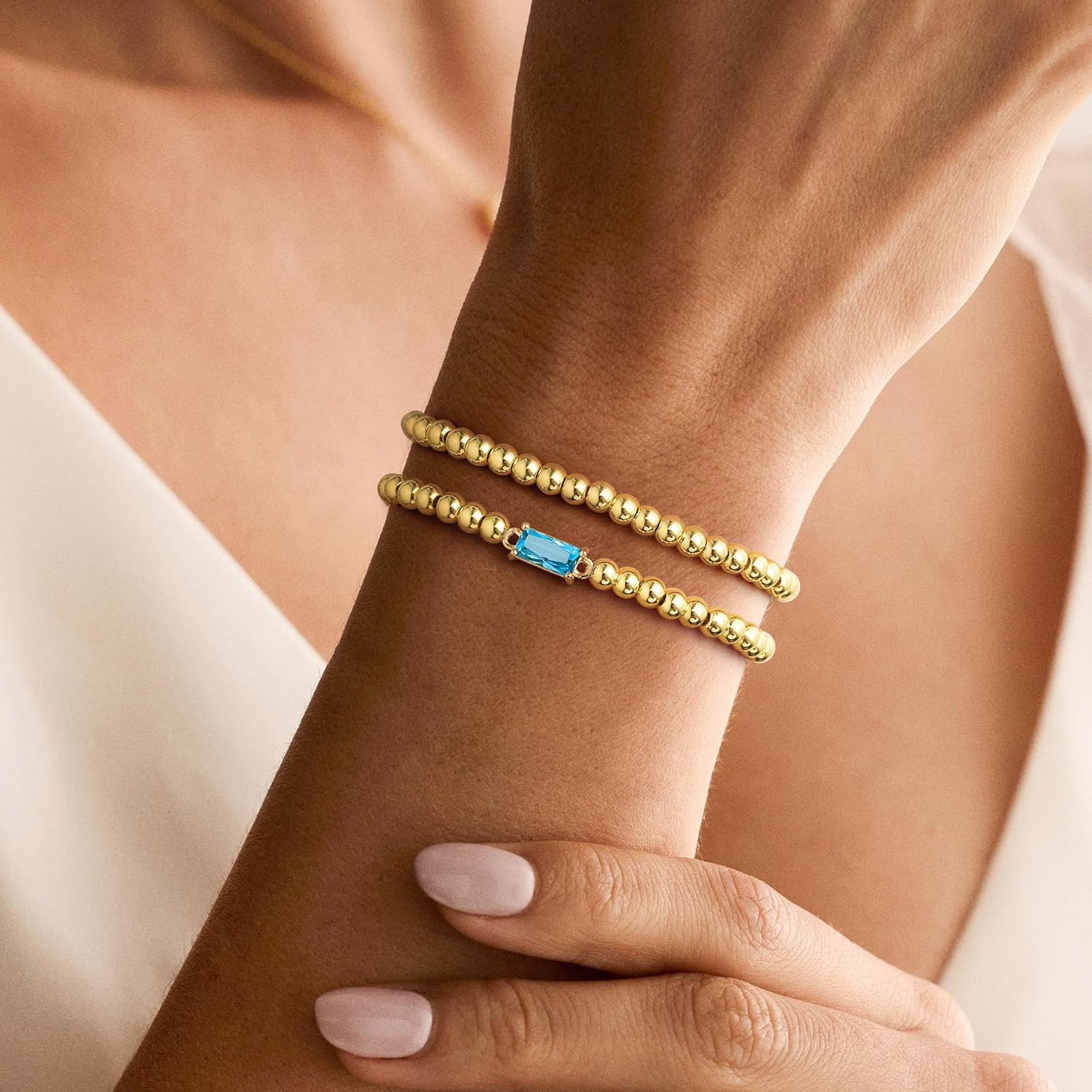 Ursteel Valentines Gifts for Her Kids Girls, Elastic Birthstone Bracelet for Women 14K-Gold-Plated Beaded Bracelet Non Tarnish Trendy Birthstone Jewelry Birthday Gifts for Women - Image 3