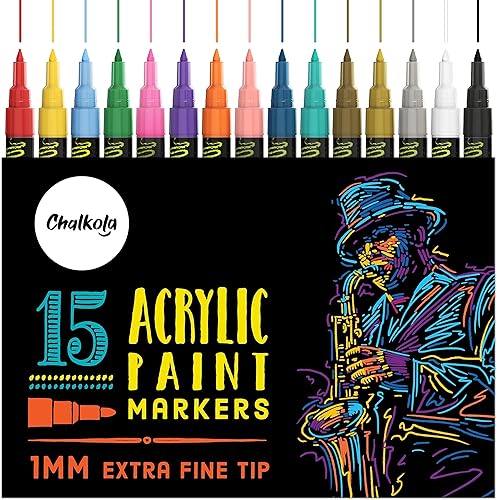 Chalkola 15 bolígrafos de pintura acrílica de punta extrafina para pintura de roca, lienzo, madera, cerámica, vidrio, marcadores de pintura acrílica