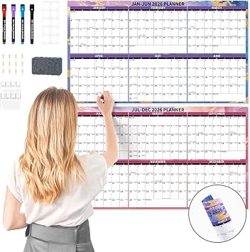 Ospelelf 2026 Large Dry Erase Wall Calendar 16.53" x 43.33" - 2 Year Laminated Big Family Calendar for Office, Use Jan 2026 - Dec 2027, Rolled Package Marble