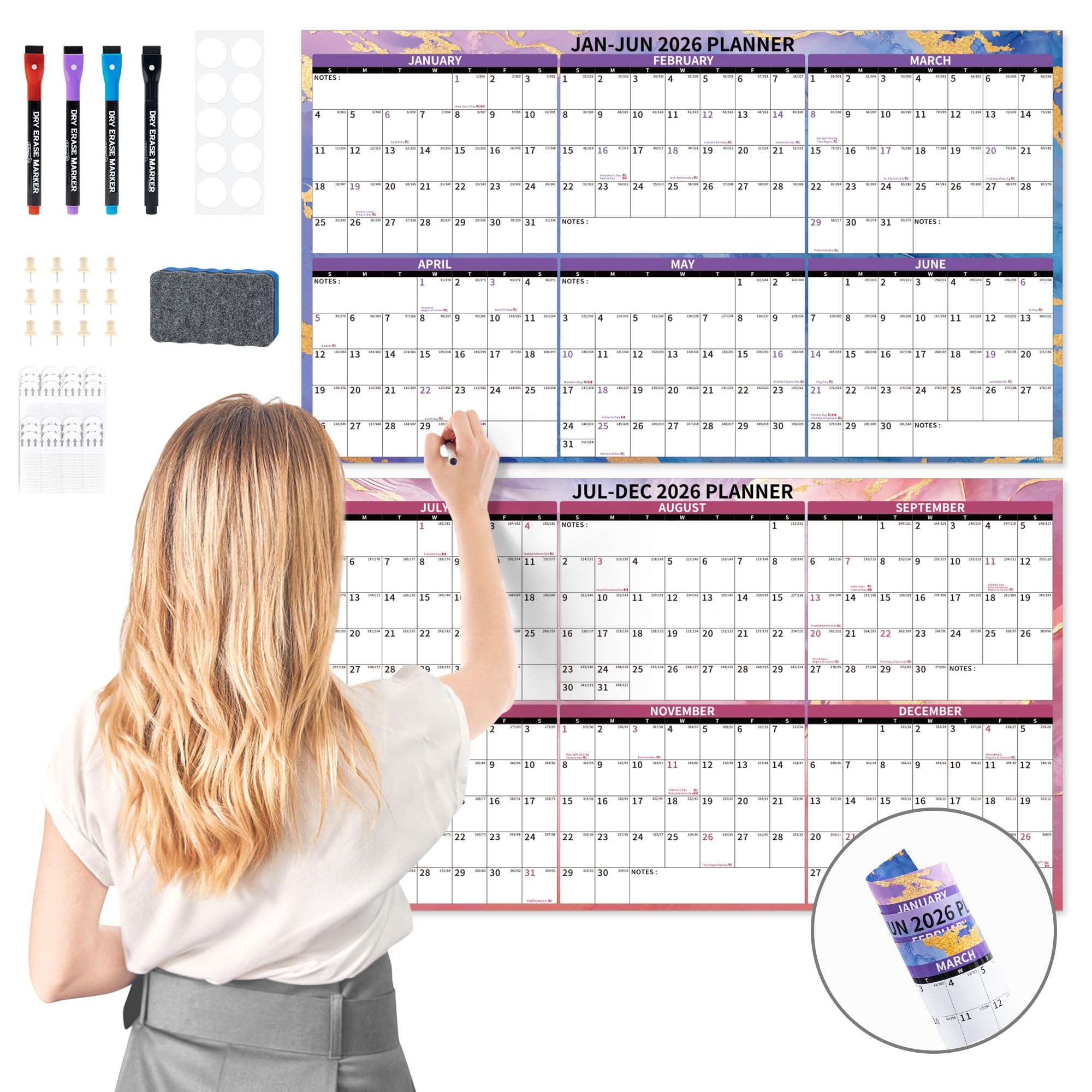 Ospelelf Großer 81,3 x 121,9 cm trocken abwischbarer Wandkalender 2026–2027 – 2 Jahre laminierter Familienkalender für Büro, Januar 2026–Dezember 2027 (Marmor)